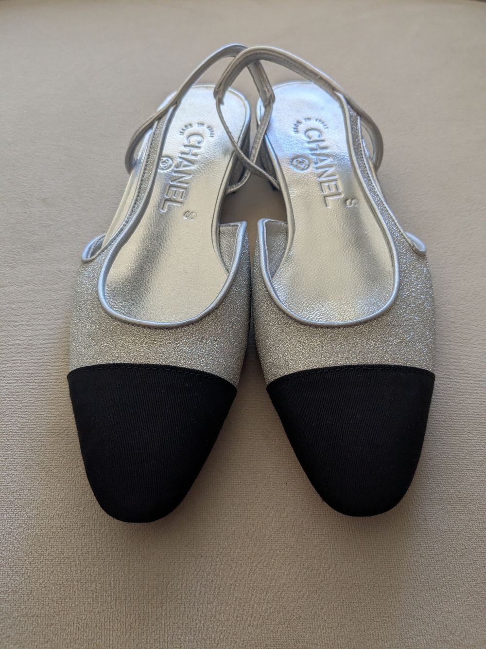 NEW CHANEL Silver and Black Slingback Flats size 37